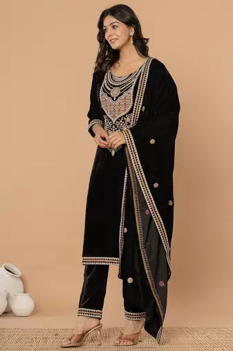  black velvet embroidered a have  dupatta set