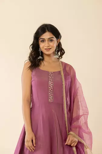  purple roman silk kurta dupatta set