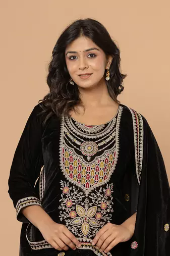  black velvet embroidered a have  dupatta set
