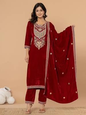  maroon velvet embroidered a have  dupatta set 1