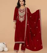  maroon velvet embroidered a have  dupatta set