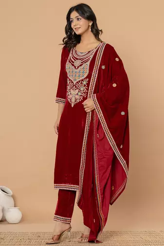  maroon velvet embroidered a have  dupatta set