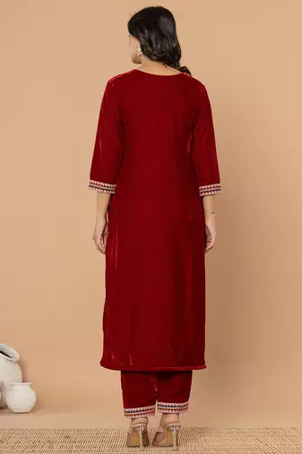  maroon velvet embroidered a have  dupatta set