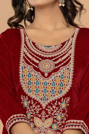  maroon velvet embroidered a have  dupatta set