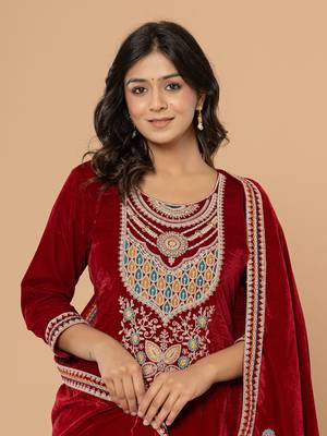  maroon velvet embroidered a have  dupatta set 5