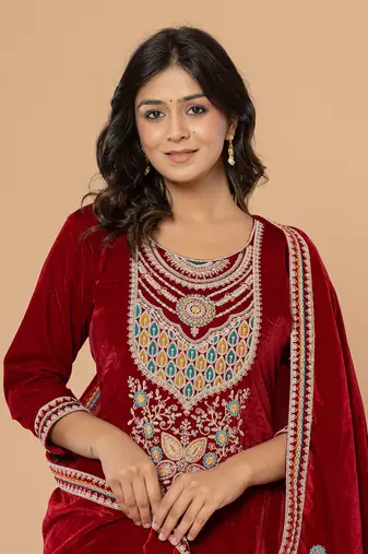  maroon velvet embroidered a have  dupatta set