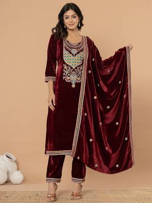  burgundy velvet embroidered a have  dupatta set 1