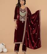  burgundy velvet embroidered a have  dupatta set