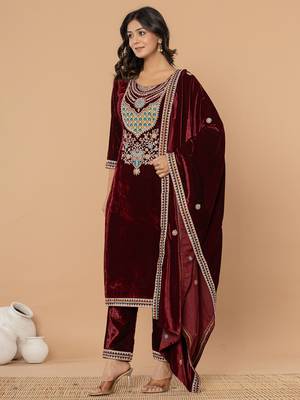  burgundy velvet embroidered a have  dupatta set 2