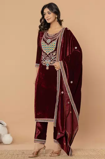  burgundy velvet embroidered a have  dupatta set