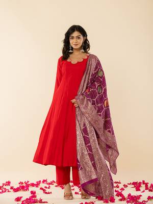  red silk blend anarkali kurta dupatta set 1
