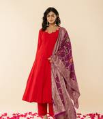  red silk blend anarkali kurta dupatta set