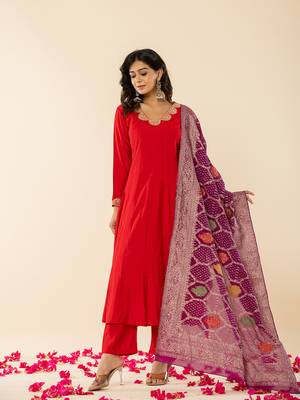  red silk blend anarkali kurta dupatta set 2