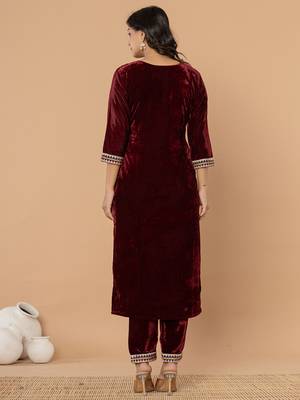  burgundy velvet embroidered a have  dupatta set 3