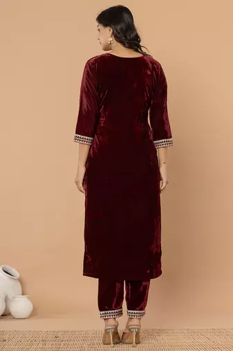  burgundy velvet embroidered a have  dupatta set