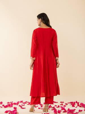  red silk blend anarkali kurta dupatta set 3