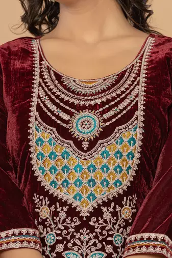  burgundy velvet embroidered a have  dupatta set