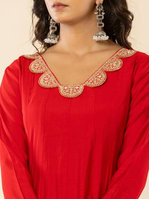  red silk blend anarkali kurta dupatta set 4