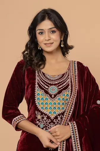  burgundy velvet embroidered a have  dupatta set