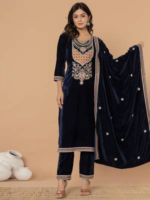  navy blue velvet embroidered a have  dupatta set 1
