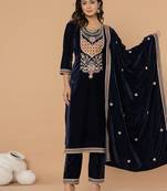  navy blue velvet embroidered a have  dupatta set