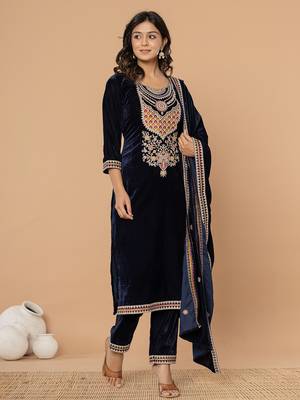  navy blue velvet embroidered a have  dupatta set 2