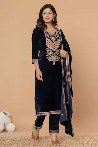  navy blue velvet embroidered a have  dupatta set