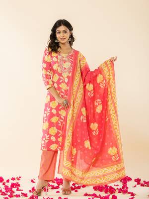  pink cotton sequins work straight kurta dupatta pant set 1