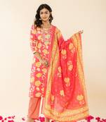  pink cotton sequins work straight kurta dupatta pant set