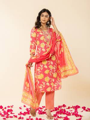 pink cotton sequins work straight kurta dupatta pant set 2