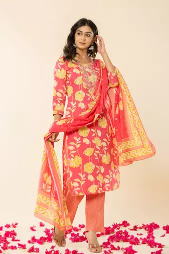  pink cotton sequins work straight kurta dupatta pant set