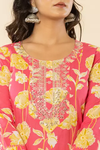  pink cotton sequins work straight kurta dupatta pant set