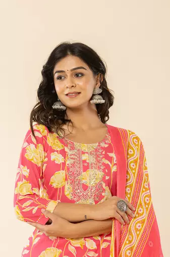  pink cotton sequins work straight kurta dupatta pant set