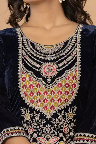  navy blue velvet embroidered a have  dupatta set