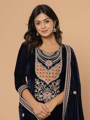  navy blue velvet embroidered a have  dupatta set 5