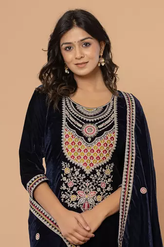  navy blue velvet embroidered a have  dupatta set