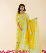yellow cotton sequins work straight kurta dupatta pant set