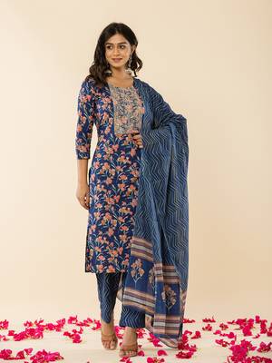  blue cotton dori embroidery straight kurta dupatta pant set 1