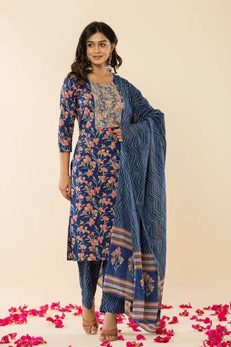  blue cotton dori embroidery straight kurta dupatta pant set