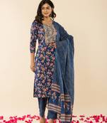  blue cotton dori embroidery straight kurta dupatta pant set