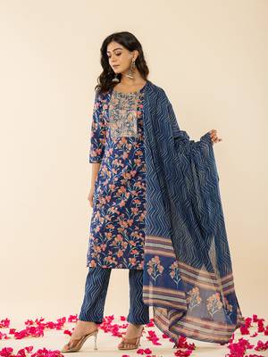  blue cotton dori embroidery straight kurta dupatta pant set 2