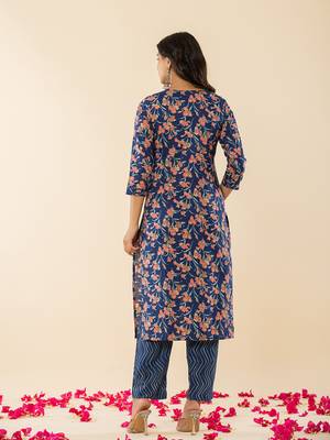  blue cotton dori embroidery straight kurta dupatta pant set 3