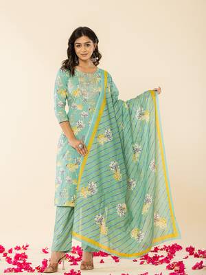  sea green cotton dori embroidery straight kurta dupatta pant set 1