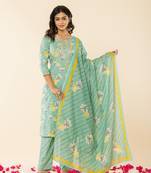  sea green cotton dori embroidery straight kurta dupatta pant set