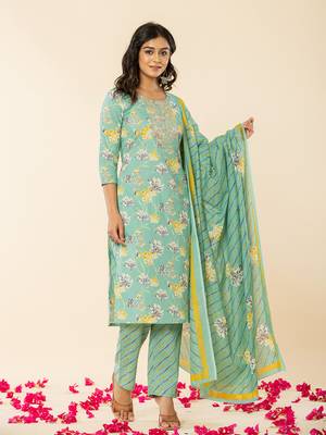  sea green cotton dori embroidery straight kurta dupatta pant set 2