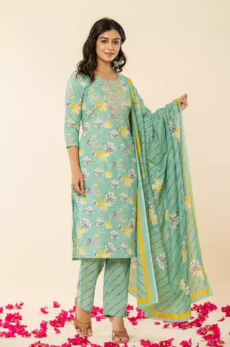  sea green cotton dori embroidery straight kurta dupatta pant set