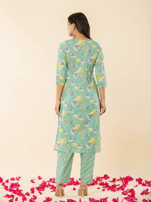  sea green cotton dori embroidery straight kurta dupatta pant set 3