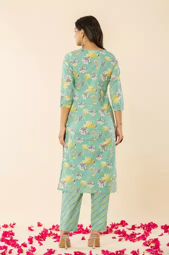  sea green cotton dori embroidery straight kurta dupatta pant set