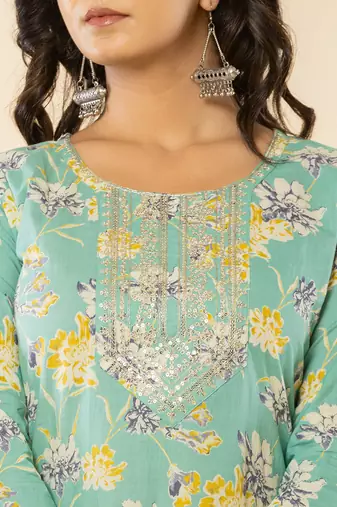  sea green cotton dori embroidery straight kurta dupatta pant set