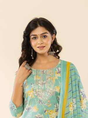  sea green cotton dori embroidery straight kurta dupatta pant set 5